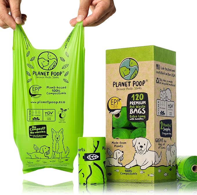 PLANET POOP Home Compostable Dog Poop Bags Extra-long with Handles 120 Un-Scented Pet Waste Bags Plastic Free, Thick Leakproof Plant-Based Doggy Bag, Cats & Dogs Pet Supplies