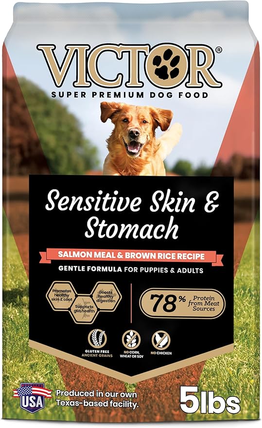 VICTOR Super Premium Dog Food — Sensitive Skin and Stomach — Salmon Meal & Brown Rice Recipe Dry Kibble — Gluten Free, No Chicken, Ideal for Dogs with Allergies — Adult and Puppy Food, 5 lb