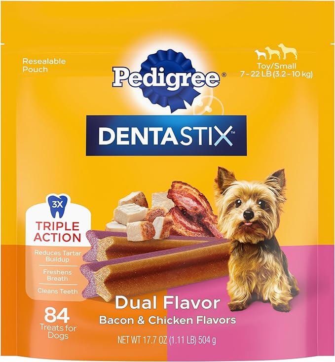 Pedigree Dentastix Dual Flavor Small Breed Dog Treats, Bacon & Chicken, 17.78 oz. Bag (84 Treats)