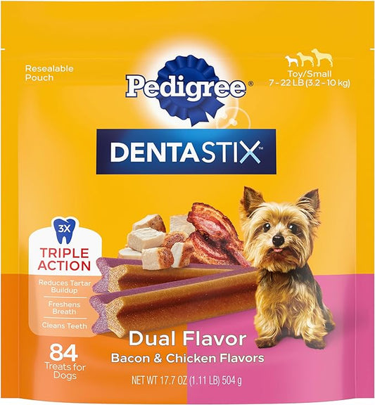 Pedigree Dentastix Dual Flavor Small Breed Dog Treats, Bacon & Chicken, 17.78 oz. Bag (84 Treats)