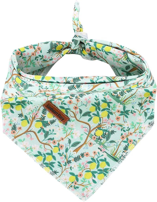Lionheart glory Plaid Dog Bandana 1 Pack Washable Soft Cotton Lemon Flower Bibs Scarf, Adjustable Kerchief Square Dog Bandanas for Large Dogs