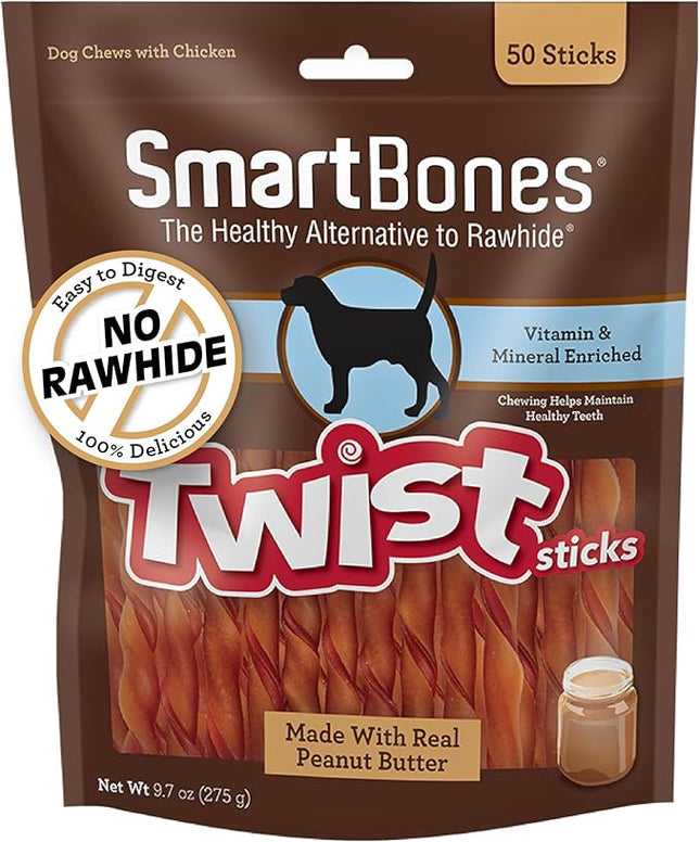 SmartBones Smart Twist Sticks With Peanut Butter, Rawhide-Free Chews For Dogs, 50 Count