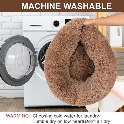 Dog Calming Beds for Small Medium Large Dogs - Round Donut Washable Puppy Dog Bed, Anti-Slip Faux Fur Fluffy Donut Cuddle Anxiety Cat Pet Bed(32'' Khaki