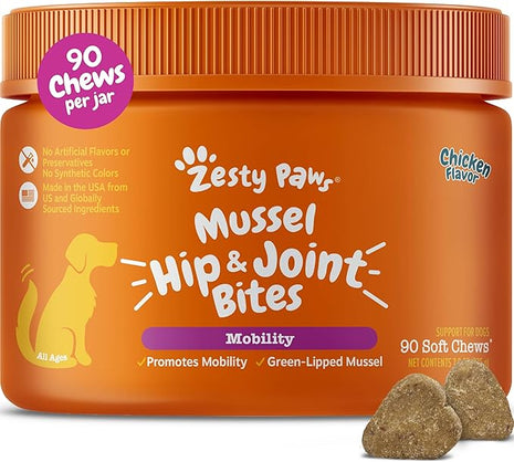 Zesty Paws Mussel Mobility Bites for Dogs - New Zealand Green Lipped Mussel with Natural Glucosamine & Chondroitin + Omega-3 Fatty Acids - Hip & Joint Support Supplement Soft Chews – 90 Count