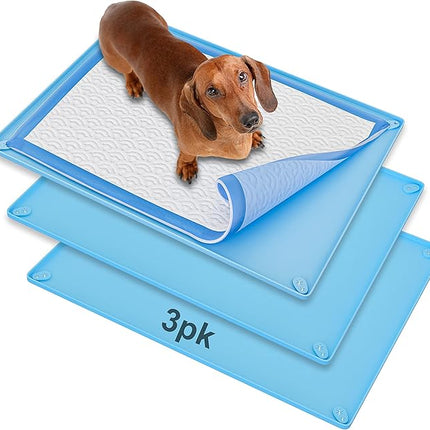 Skywin TidyFriend 3 Pk Pee Pad Holder Tray for 30” x 23” Pee Pads with Corner Lock Holes, Raised Edges, Non-Spill, Easy to Clean Silicone Dog Potty Tray Holder, for Indoor Floor Protection (Blue)