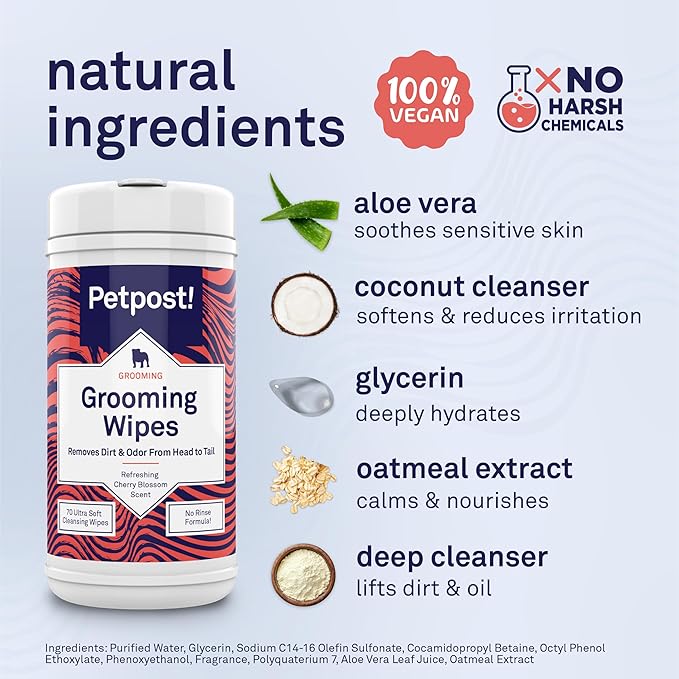 Petpost Large Grooming Wipes for Dogs | 70 Count Deodorizing Dog Cleaning Wipes with Coconut Extract & Aloe | Gentle Pet Wipes with Cherry Blossom Scent for Full-Body Grooming