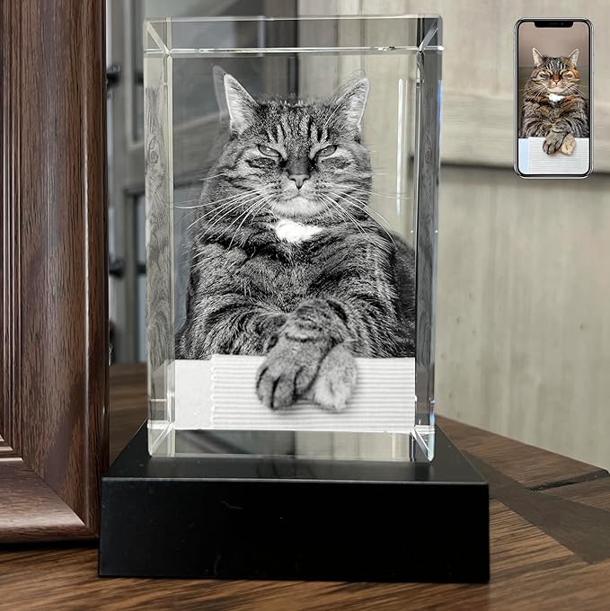 Personalized Dog, Cat Memorial Gifts for Pet Owners. Gift Box Included, Customized Laser Etched Crystal Photo (Large Portrait)