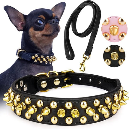 Epesiri Golden Spike Collar for Dogs, Gold Spiked Dog Collar, Durable PU Leather Studded Dog Collar with Leash, Funny Mushrooms Rivet Small Puppy Pet Cat Adjustable Collar, Black XS
