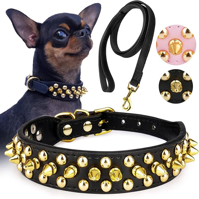 Epesiri Golden Spike Collar for Dogs, Gold Spiked Dog Collar, Durable PU Leather Studded Dog Collar with Leash, Funny Mushrooms Rivet Small Puppy Pet Cat Adjustable Collar, Black XS