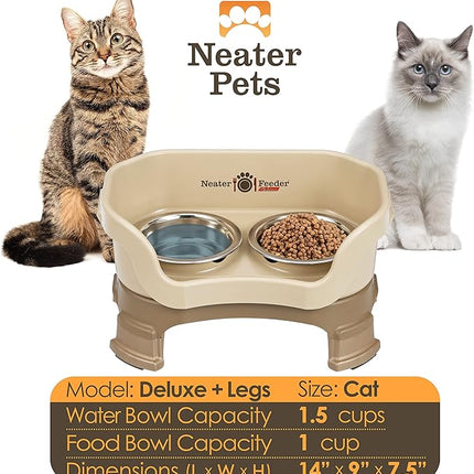 Neater Feeder Deluxe Mess Proof Cat Bowls Elevated for All Breeds – Made in USA – No Spill Raised Cat Bowls for Indoor Cats w/Leg Extensions – Stainless Steel Cat Food and Water Bowl Set - Beige
