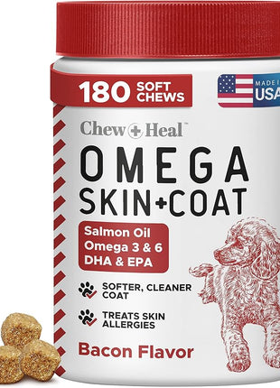 Omega for Dogs - 180 Delicious Soft Chews - Salmon Oil Treats for Skin and Coat, Itch Relief - Fish Oil Blend of Essential Fatty Acids, Omega 3, 6, and 9, and Vitamins - Smoked Bacon Flavor