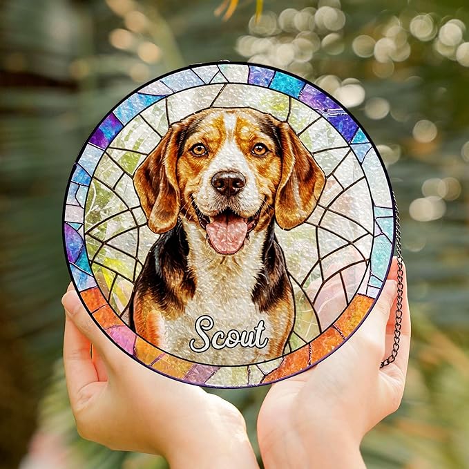 Custom Photo Pet Portrait Stained Glass Suncatcher Personalized Name Pet Image Memorial Ornament Window Hanging Sympathy, Pet Memorial Gift, Gift for Loss of Pet Dog Cat Window Hangings