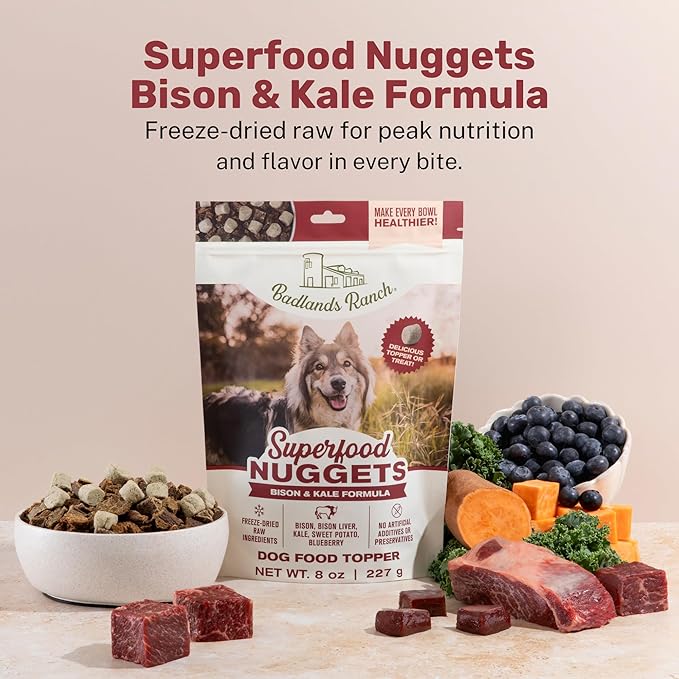 BADLANDS RANCH Superfood Nuggets- Premium, Freeze-Dried raw Dog Food Topper or Treat. Powerful Nutrient-Dense Ingredients. No Artificial additives. Bison and Kale Formula 8oz - 4pk Bundle