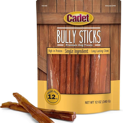 Cadet Bully Sticks for Small Dogs – All-Natural Beef Pizzle, High Protein, Low Fat, Long-Lasting, Grain & Rawhide-Free Dog Chews for Aggressive Chewers, Small (12 Ounce)