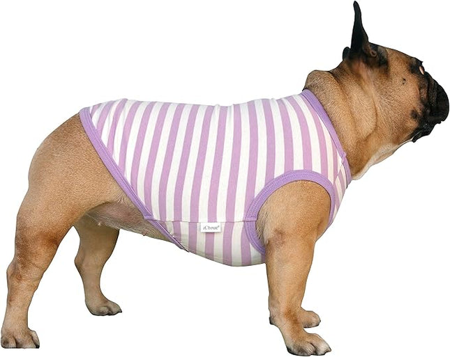 iChoue French Bulldog 100% Breathable Cotton Striped T Shirts Halloween Vest Clothes for Medium Dogs Tank Tops Frenchie Pug English Boston Terrier Pitbull Purple White Stripes - Large