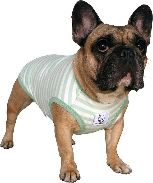 iChoue French Bulldog 100% Breathable Cotton Striped T Shirts Halloween Vest Clothes for Medium Dogs Tank Tops Puppy Frenchie Pug English Boston Terrier Pitbull Green White Stripes - Large