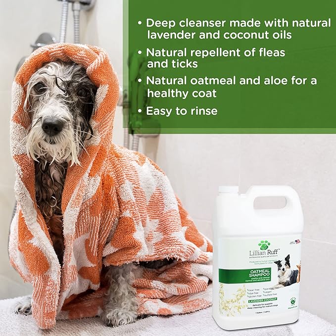 Lillian Ruff PRO Formula Deodorizing Oatmeal Dog Shampoo - Calms Itching & Allergies, Ultra-Nourishing Dry Skin Relief - Oatmeal, Aloe, Coconut Oil, Lavender & Provitamin B5 - Made in USA (Gallon)