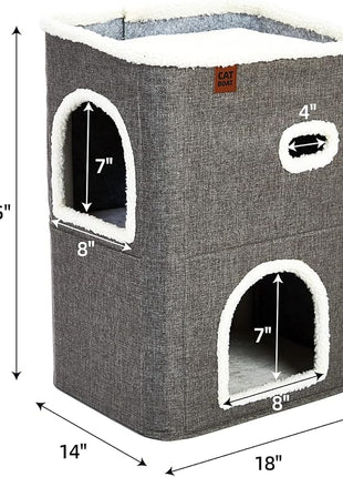 CATBOAT 2-Storey Cat House for Indoor Cats Bed, Covered Beds & Furniture with Scratch Pad and Hideaway Cave, Cute Modern Condo for Multi Small Pet Large Kitten Kitty, Grey