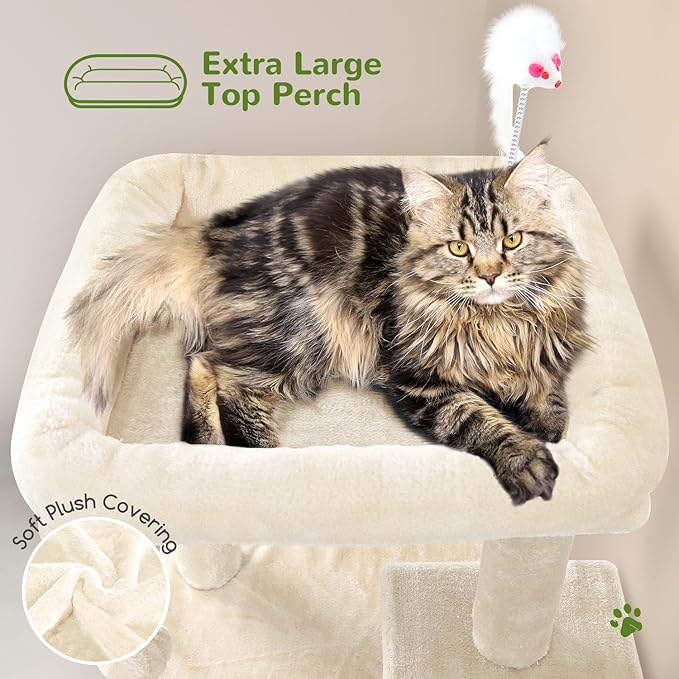 Globlazer Cat Tree Tower for Indoor Cats, 50-inch Adult Cat Tree House for Large Adult Cats with Steps, Scratching Post, 2 Cat Caves, Dangling Toys, FC50, Beige