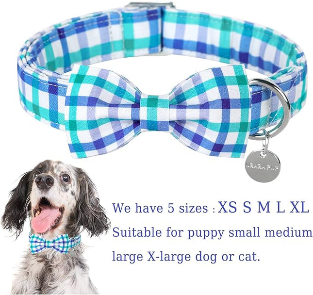 Dog Collar Bow Tie, Comfortable Durable Cotton Bowtie Collar for Large Dogs, Adorable Dog Collar with Metal Buckle, Blue Grid, L, Neck 16-24in
