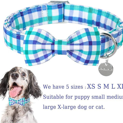 Dog Collar Bow Tie, Comfortable Durable Cotton Bowtie Collar for X-Large Girl Boy Dog, Adorable Dog Collar with Metal Buckle, Blue Grid Gift Collar, XL