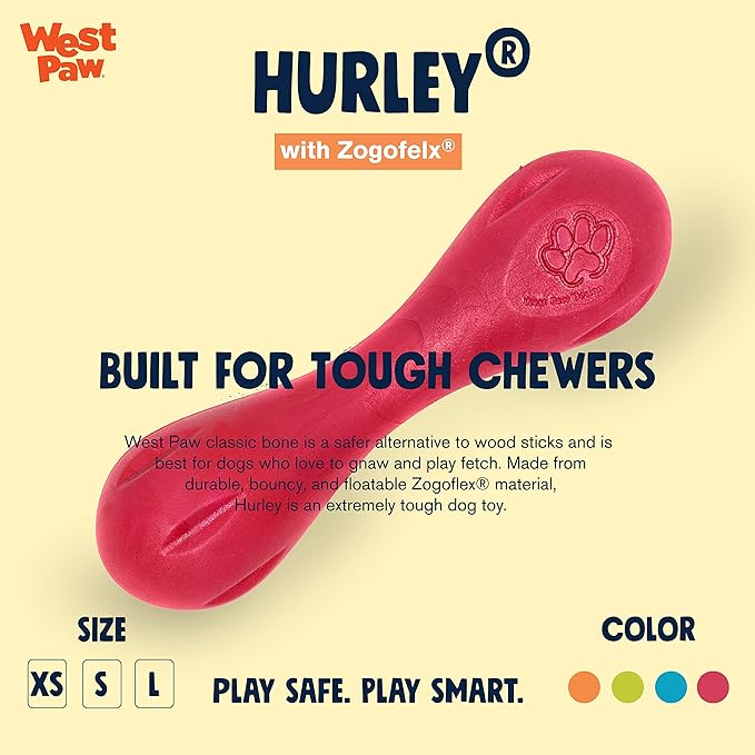WEST PAW Zogoflex Hurley Dog Bone Chew Toy – Floatable Pet Toys for Aggressive Chewers, Catch, Fetch – Bright-Colored Bones for Dogs – Recyclable, Dishwasher-Safe, Non-Toxic, Large 8.25", Ruby Red