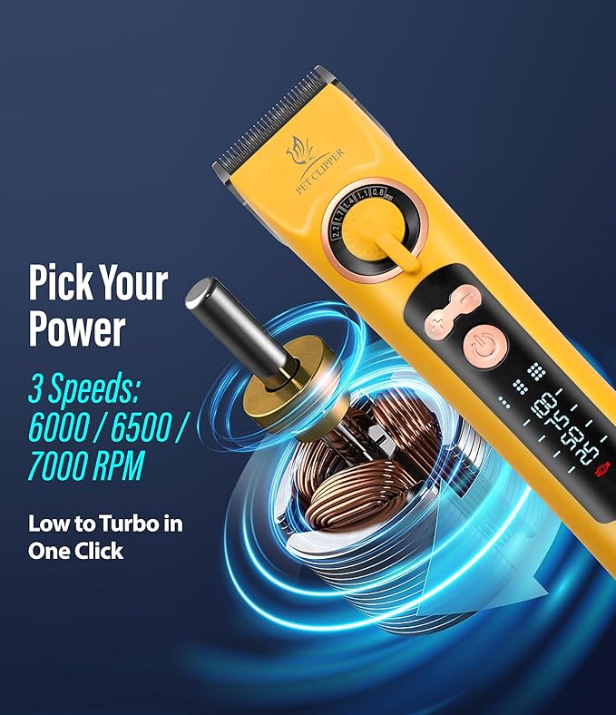 Professional Dog Grooming Clippers with 12H Runtime & Replaceable 440C Blade, 3-Speed Low Noise Electric Dog Shaver for Thick, Matted, Curly Hair, Cordless Clipper for Groomer & Home Use, Yellow