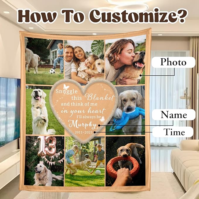 WFR Personalized Pet Memorial Throw Blanket with Photo-Pet Memorial Gifts for Dogs Cats Loss of Dog Sympathy Gift Bereavement Remembrance Passing Away Gifts,Pet Picture Blanket (8-Photos)