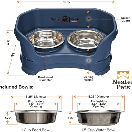 Neater Feeder Deluxe Mess Proof Cat Bowls Elevated for All Breeds – Made in USA – No Spill Raised Bowls for Indoor Cats – Stainless Steel Food and Water Bowl Set, Pet Dish Feeding Station, Dark Blue