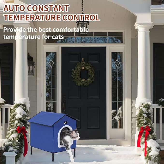 MARUNDA Heated Cat Houses for Outdoor Cats in Winter, Heated cat House for Indoor and Kitty Shelter for Your Pet to Stay Warm and Cozy,Easy to Assemble. (Dark Blue, Small)