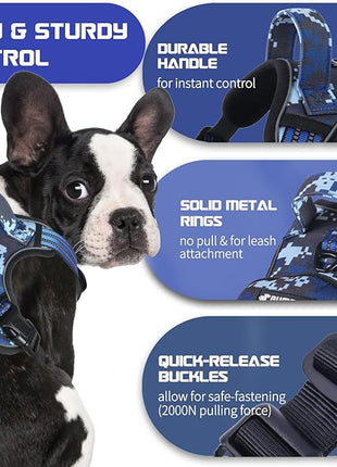 BUMBIN Dog Harness for Large Dogs, No Pull Adjustable No Choke Pet Vest with Dog Leash Fit Smart Reflective Pet Walking Harness for Training Easy Control Soft Handle Blue Camo L