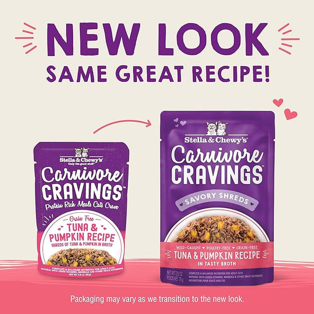 Stella & Chewy's Carnivore Cravings Wet Cat Food - Premium Pouches - Grain Free, High Protein Tuna & Pumpkin - Perfect For Picky Eaters - Complete Meal or Topper (2.8 oz, 24 Pack)