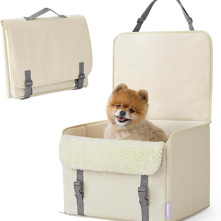 Lesure Dog Car Seat for Small Dogs, Foldable Pet Car Seat with Clip-On Safety Leash, Waterproof Puppy Booster Car Seat for Small Pets Under 25lbs, Portable Doggie Travel Carrier Bed, Light Ivory