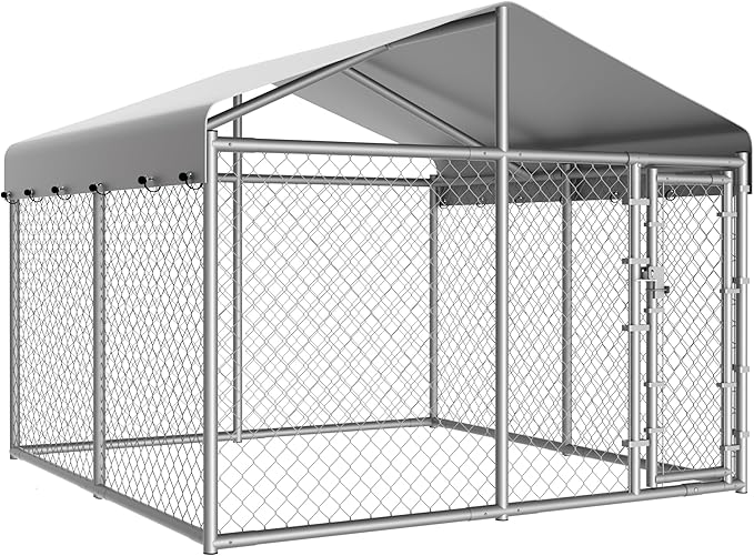 10 x 10 x 6 ft Outside Dog Kennel Outdoor Large with Roof, Enclosure with Roof, Outdoor Heavy Duty Dog Run Pens House Pet Playpen with Galvanized Chain Link