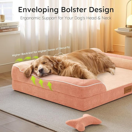 Extra Large Dog Bed, Orthopedic Dog Bed with Cooling Gel Memory Foam, Waterproof XL Pet Bed with Removable Washable Cover, 42" Pet Sofa Couch Dutch Velvet with Bone Toy, Peach Pink
