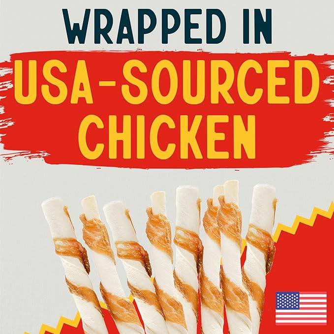 Canine Chews Chicken-Wrapped Rawhide Twists for Dogs - Pack of 45 U.S.A. Sourced Chicken Wrapped Rawhide Dog Treats, Sticks for Dogs - Premium & Natural Beefhide Chews