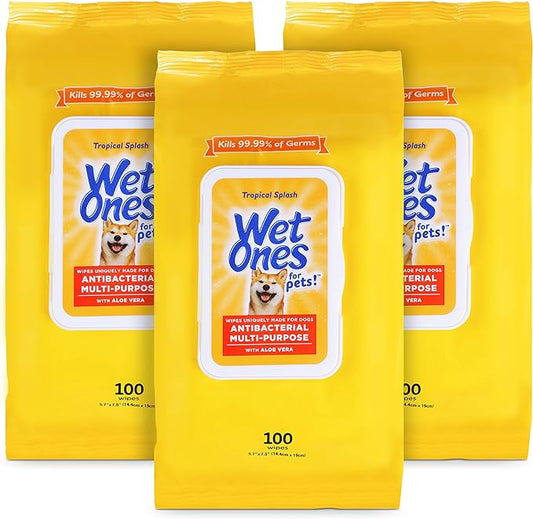 Wet Ones Multi-Purpose Pets Wipes with Aloe Vera for All Dogs - Tropical Splash Wipes for Dog Paws & All Over Use (Pack of 3, 300 Count Total)