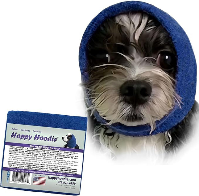 Happy Hoodie The Original Dog & Cat Calming Band - American Brand - Anxiety Relief/Noise Protection-Grooming-Thunder-Fireworks (Small, Blue) - Since 2008