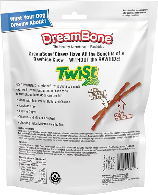 DreamBone Twist Sticks Chews for Dogs, 50 Count, Treat Your Dog to Easy-to-Digest Rawhide-Free Chews Made with Real Peanut Butter and Chicken