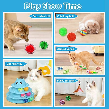 UPSKY 20 PCS Cat Roller Toy 3-Level Turntable for Indoor Cats - Kitten Set With Teaser, Mice, Spring, and Various Ball Toys