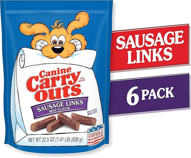 Canine Carry Outs Dog Treats, Sausage Links, 22.5 Ounce (Pack of 6), Made with Real Beef