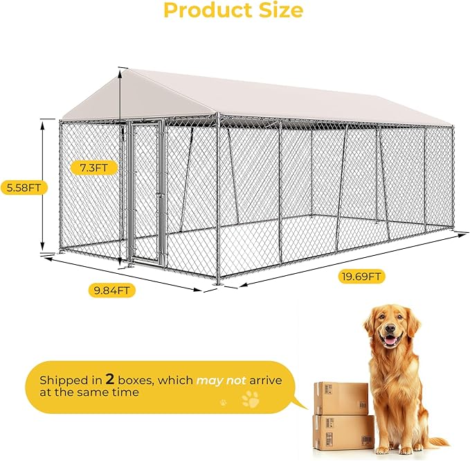10 x 20FT Large Outdoor Dog Kennel with Roof, Dog Kennel Outside with Waterproof Cover, Galvanized Heavy Duty Chain Link Dog Runs Cage Playpen for Outside with Secure Lock
