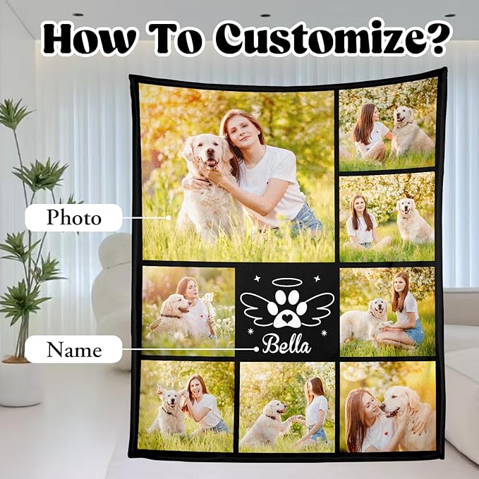 Personalized Pet Memorial Throw Blanket with Photo-Pet Memorial Gifts for Dogs Cats Loss of Dog Sympathy Gift Bereavement Remembrance Passing Away Gifts (8-Photo)