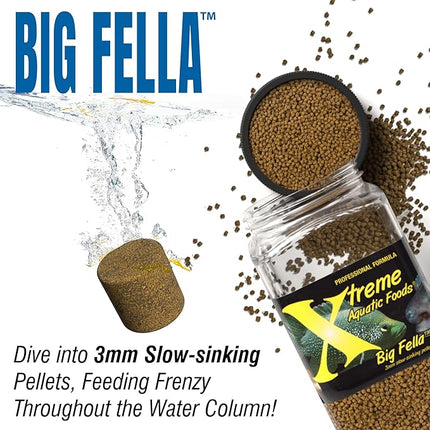 Xtreme Big Fella 3.0mm Pellets: Professional Nutrition for Medium to Large Cichlid/Community Fish - Boost Immune & Digestive Health, Color & Energy, Max Protein Fish Food – USA Farm Grown (20oz)
