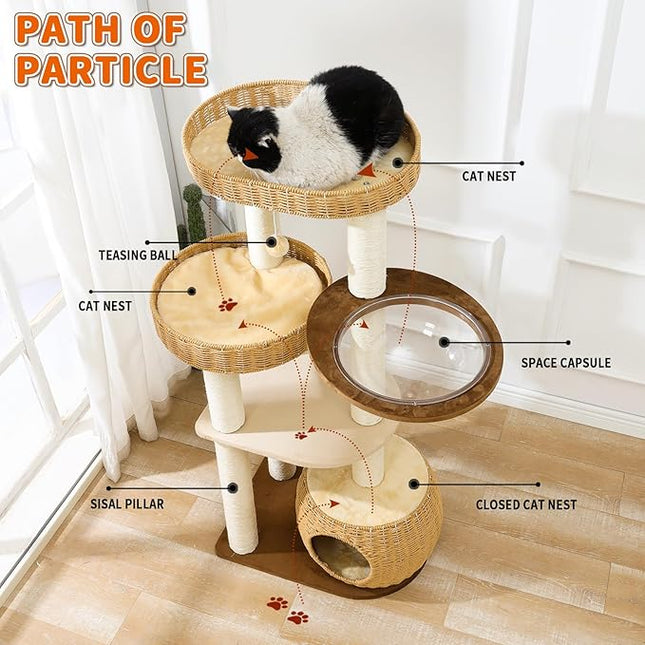 Big Cat Tree for Large Cats - Multi-Cat Tower with Natural Sisal & Handwoven Basket, Extra Sturdy Base, Breathable Perch - Rustic Wood Style Cat Furniture for Indoor Cats