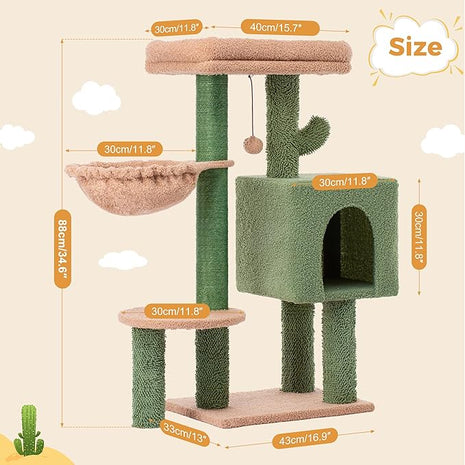 Cactus Cat Tree Small Cat Tower with 32 Inches Scratching Post with Cats Condo House, Cozy Hammock and Removable Top Bed and Dangling Ball for Indoor Cats-34” Green