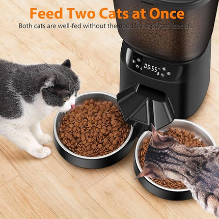 Automatic Cat Feeders for Two Cats, 5L/20 Cups Double Automatic Cat Food Dispenser with 2 Stainless Bowls, Timer Setting 20 Portions 6 Meals Per Day, 10s Meal Call, Pet Feeder for Dog (Black, 5L)
