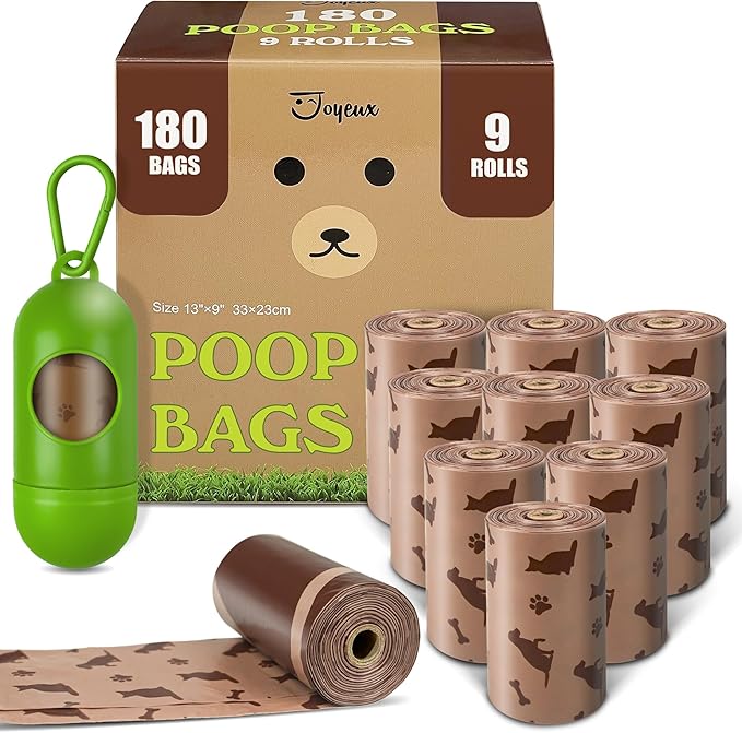180 Count Dog Poop Bags with Dispenser, Leak-Proof Large Doggie Bag for Poop, Extra Thick Doggy Waste Bags, Unscented, Pet Trash Bags Holder Outdoor Puppy Walking and Traveling Rolls, Brown