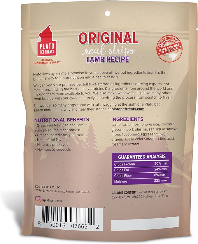 PLATO Pet Treats Real Strips - Air-Dried Meat Bars for Dogs - Delicious, Limited Ingredient Dog Treats - Grain Free Dog Treats - Original Real Strips Lamb Flavor 18oz
