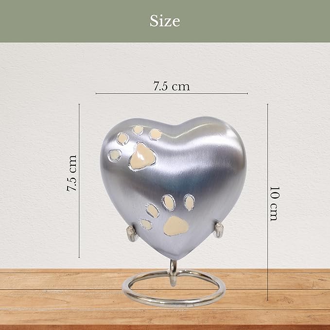 NORSE'S TRADECRAFT Pet Memorial Urn for Ashes| Heart Urn with Paw Engraved Design | Handcrafted Memorial Gifts | Pet Loss Sympathy Gift |Ashes Keepsake with Velvet Box and Stand | Silver - 3 cu in